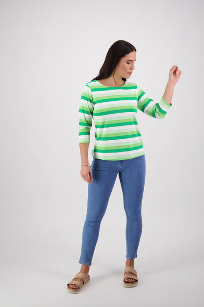 Vassalli - Round Neck Top with Elbow Length Sleeve - Green Stripe | V4429