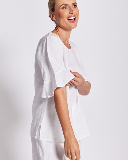 See Saw - 100% Linen Flutter Sleeve Top White | SS16W