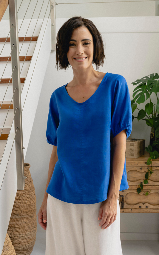 See Saw - 100% Linen V Neck Top Santorini Blue | SS18SB