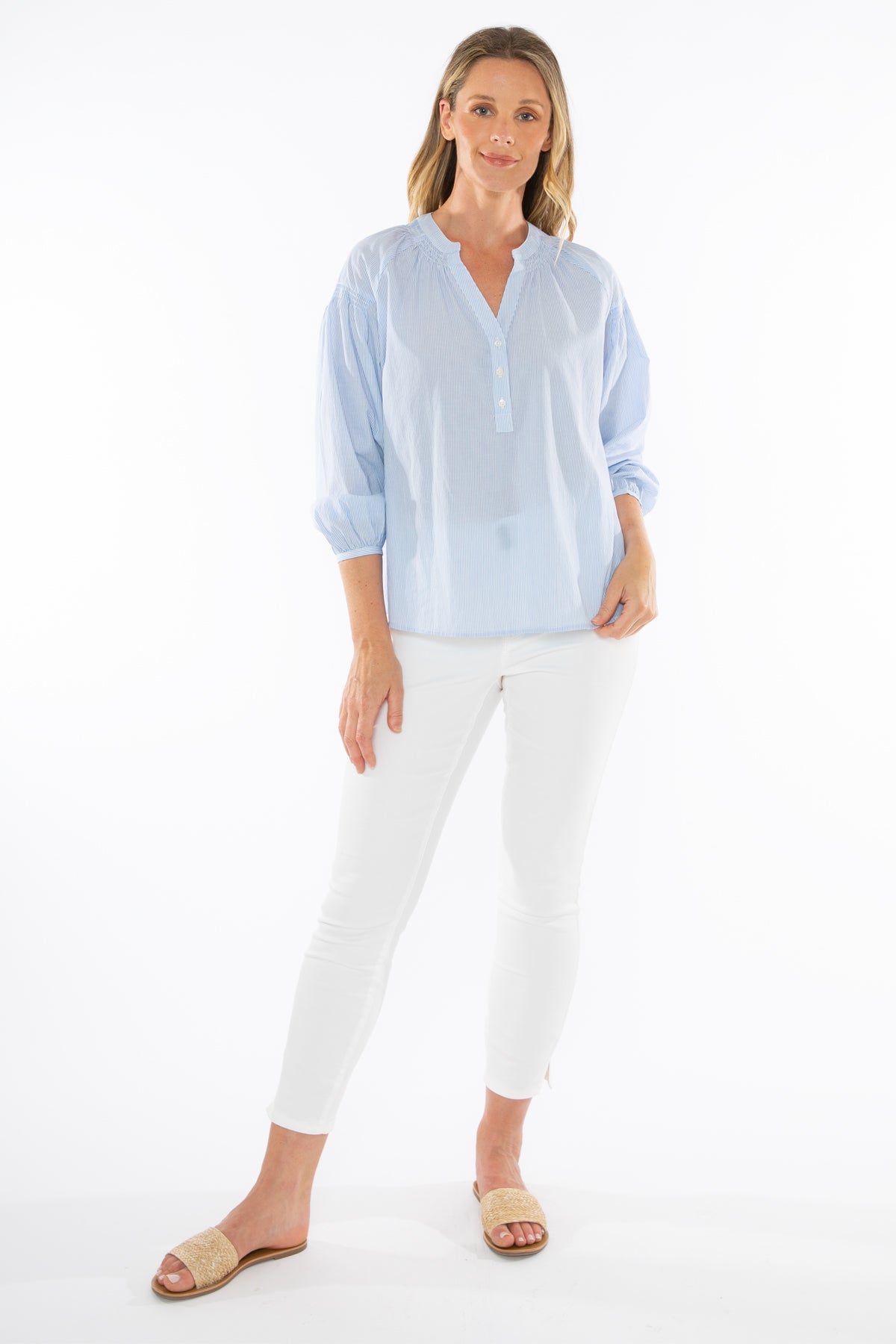 Jump - Shirred Sleeve Shirt Pale Blue | J3029A