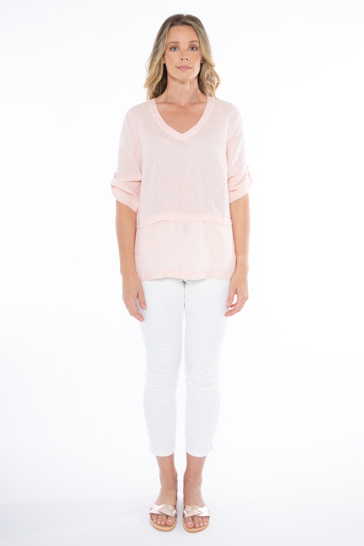 Jump - V Neck Tab Sleeve Top Apricot | 576J3117A