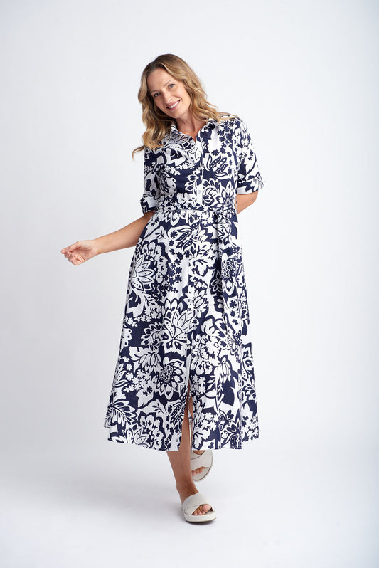 Goondiwindi Cotton - Dress with Tie Belt Navy/White Print | G6280