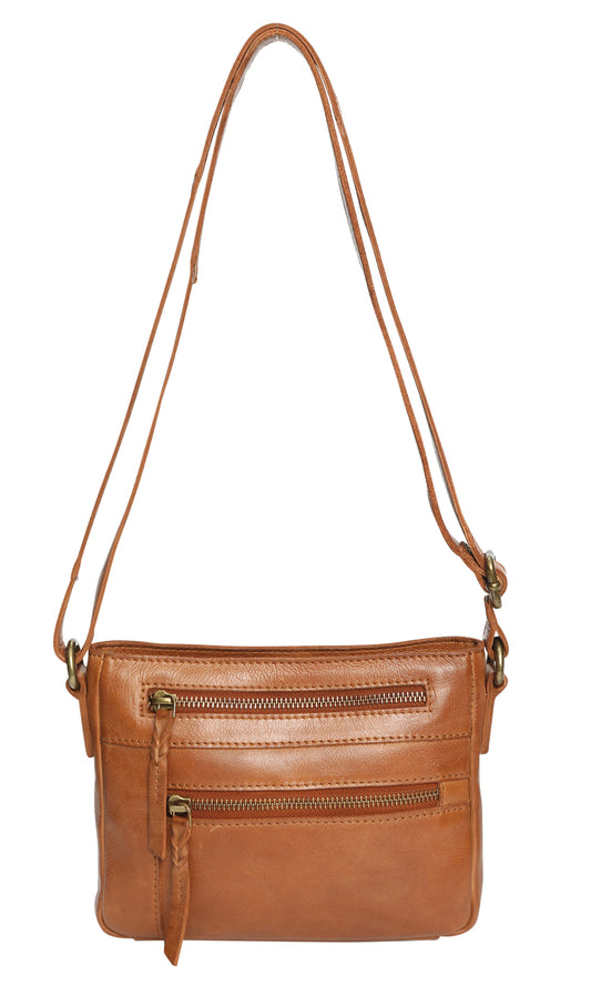 Modapelle - Vintage Leather Multi-Zip Crossbody / 7845 TAN