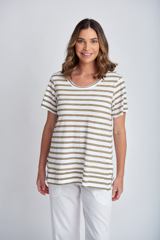 Cloth Paper Scissors - Stripe Crew Neck Tee White/Twig | CPS1386