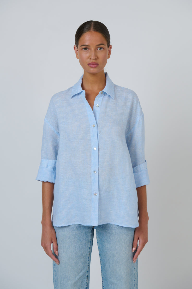 Enveloppe - Linen Boyfriend Shirt | ENVL-156-RAYURE CIEL