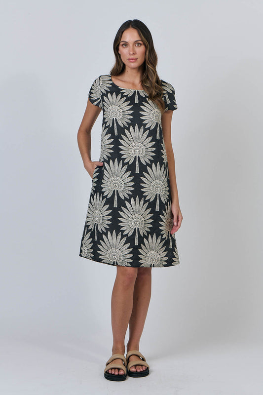 Naturals - Date Palm Print Linen Dress / GA237
