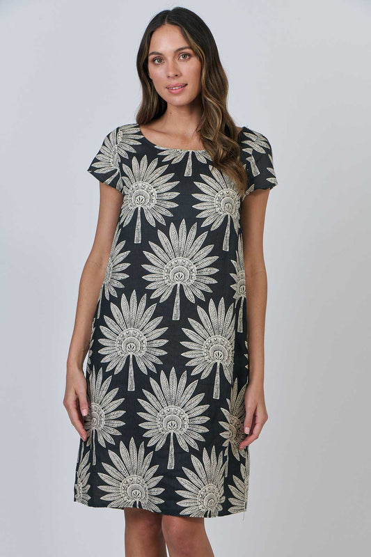 Naturals - Date Palm Print Linen Dress / GA237