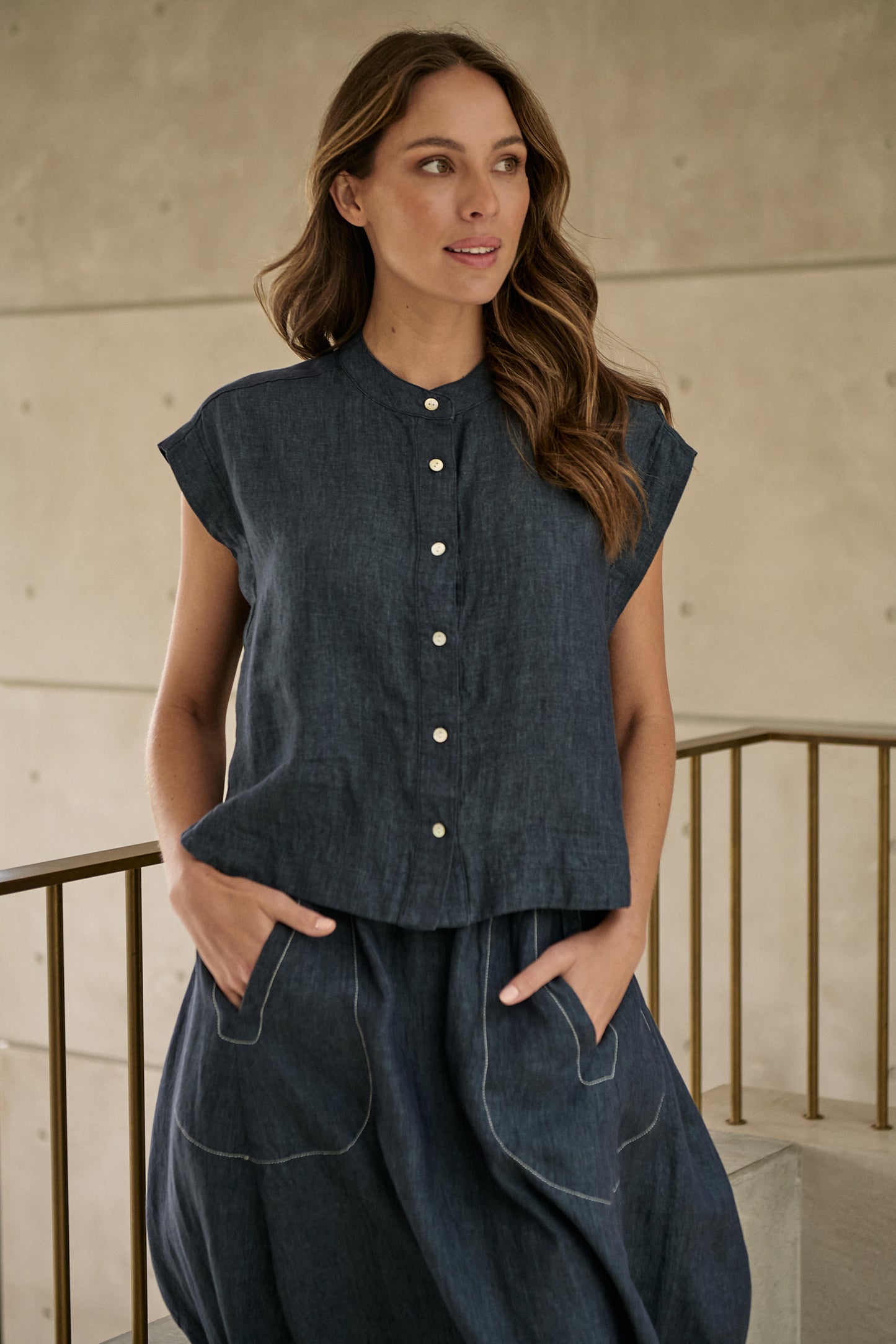 Naturals - Band Collar Linen Shirt GA429
