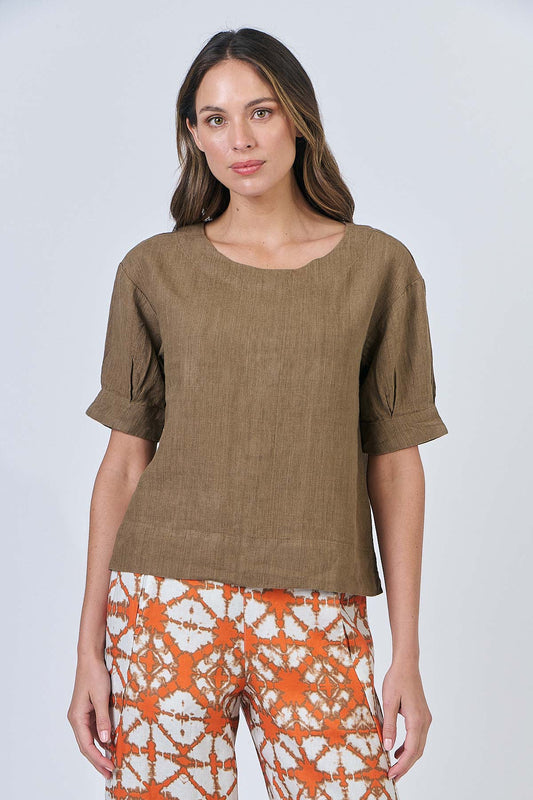 Naturals – Linen Boat Neck Boxy Top / Tobacco GA623