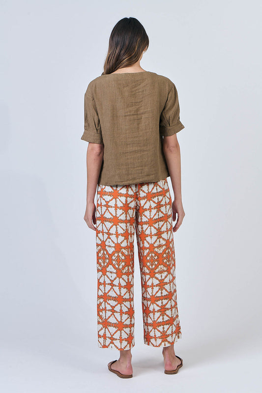 Naturals – Linen Boat Neck Boxy Top / Tobacco GA623