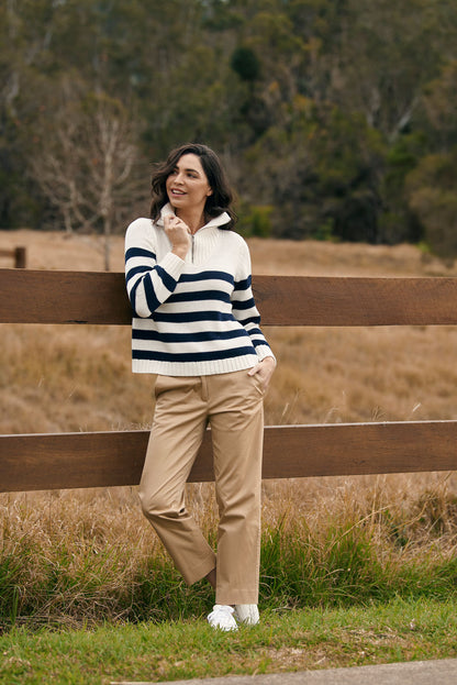 Goondiwindi Cotton - Stripe Zip Jumper Winter White/Navy | G8209