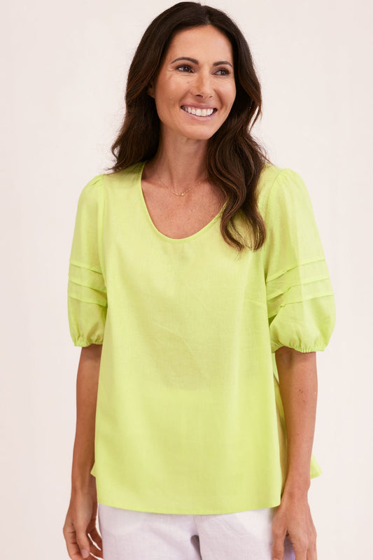 See Saw - V Neck A Line Pleat SL Top Pine Lime | SS110