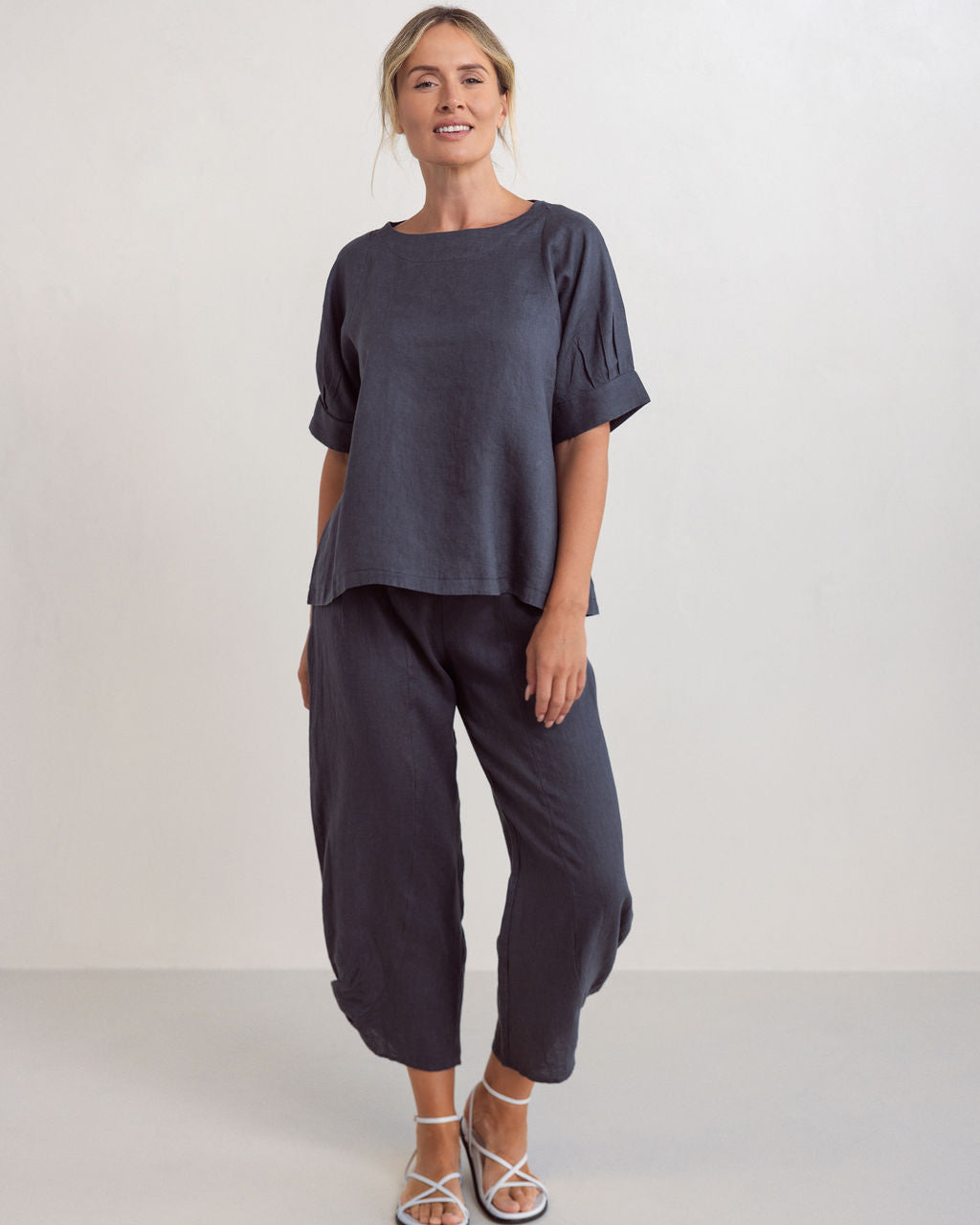 See Saw - 100% Linen Cuff Sleeve A Line Top SS326