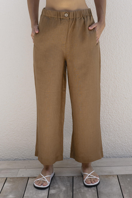 See Saw - Linen Wide Leg Elastic Waist Pant Toffee | SS57