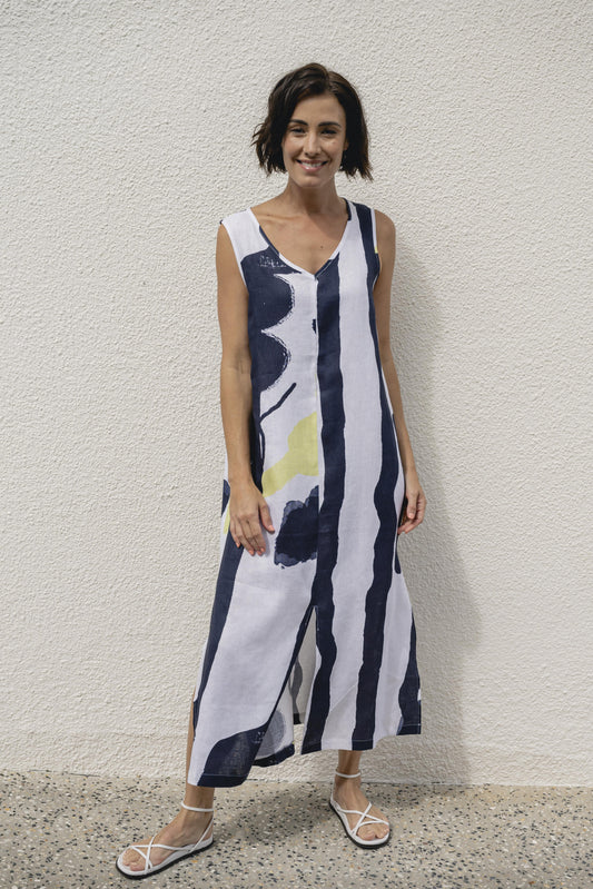 See Saw - Linen V SL Maxi Dress Navy/Pine Lime | SS84