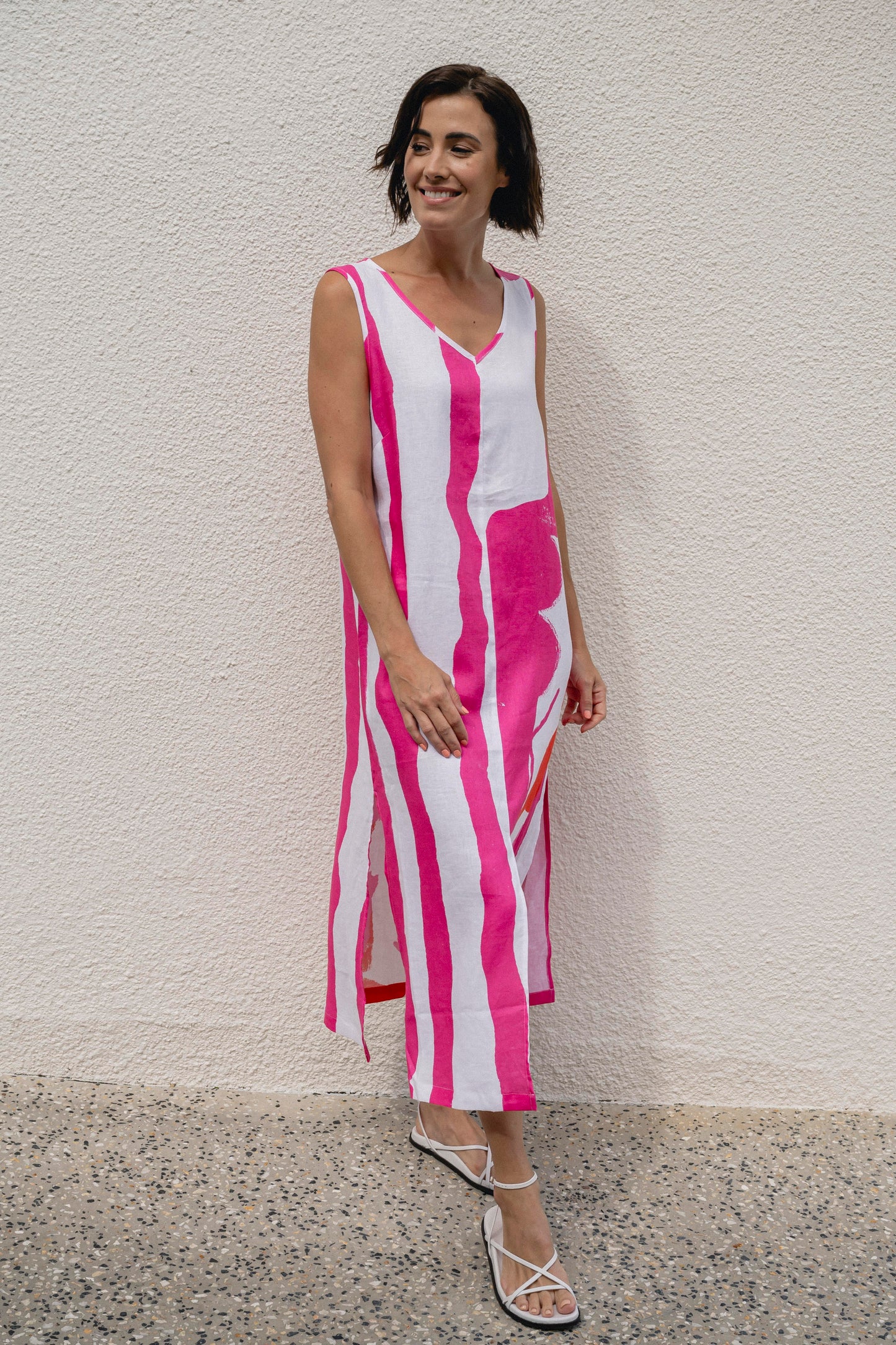 See Saw - Linen V SL Maxi Dress Pink/Orange | SS84