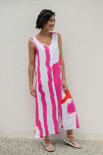 See Saw - Linen V SL Maxi Dress Pink/Orange | SS84