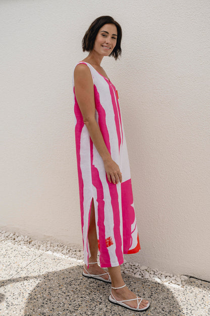 See Saw - Linen V SL Maxi Dress Pink/Orange | SS84