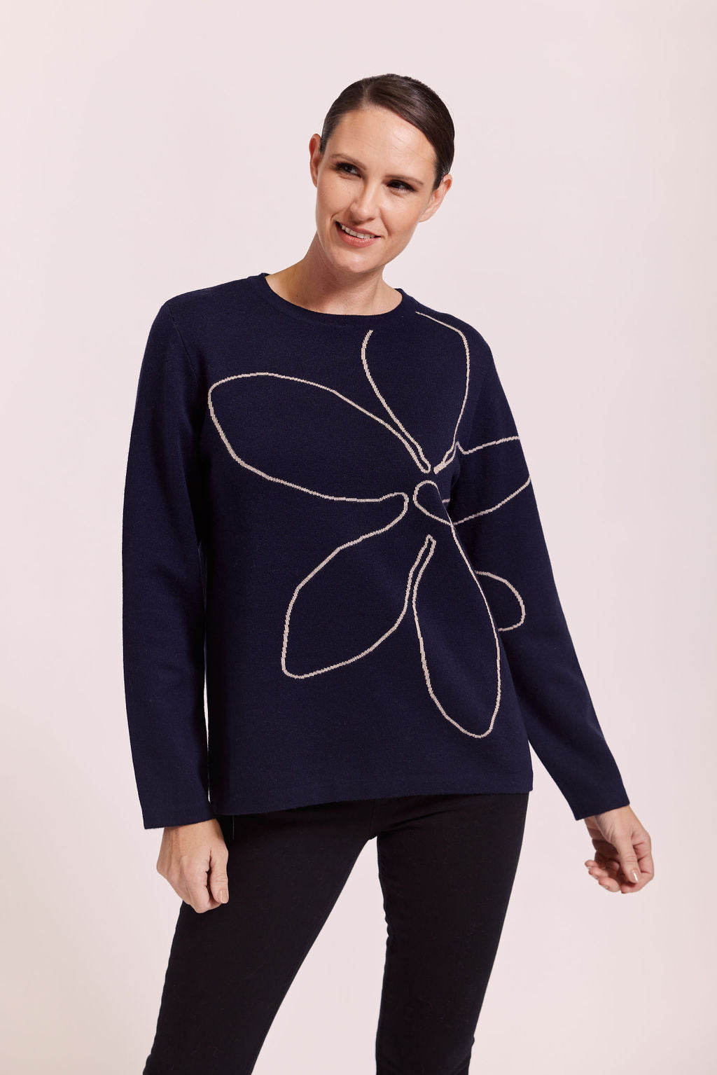 See Saw - Wool Blend Flower Jacquard Sweater Navy | SW1020N