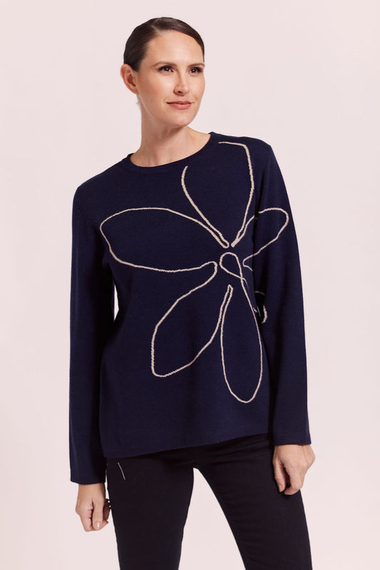 See Saw - Wool Blend Flower Jacquard Sweater Navy | SW1020N