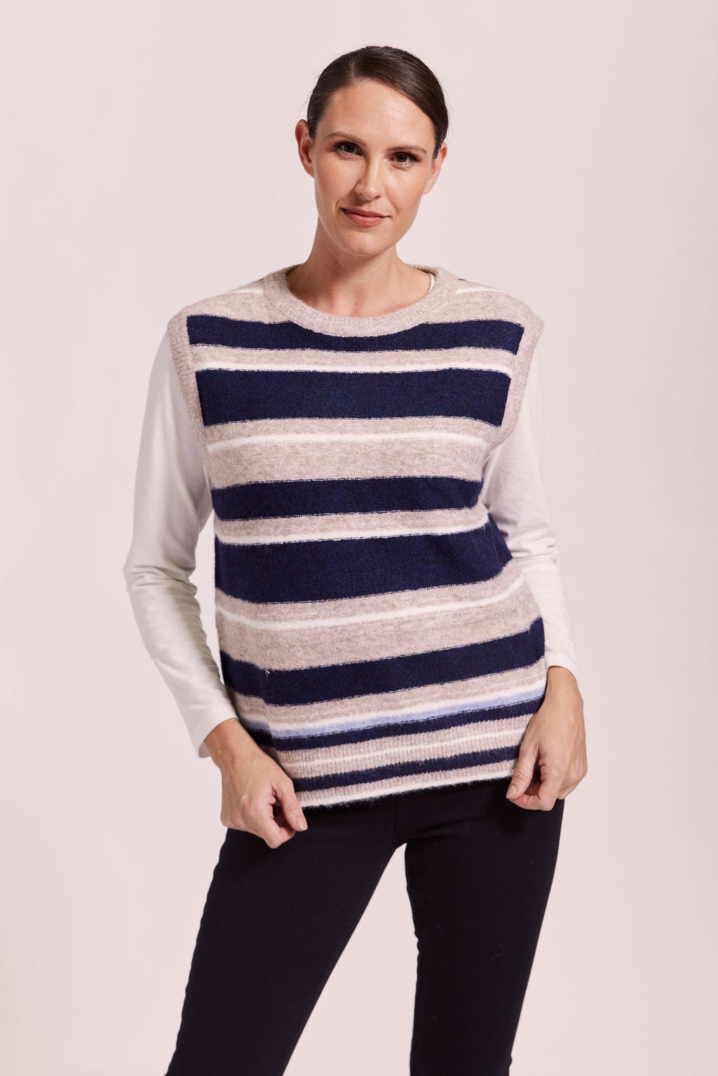 See Saw - Recycled Poly Blend Striped Vest Oat/Navy | SW1060N