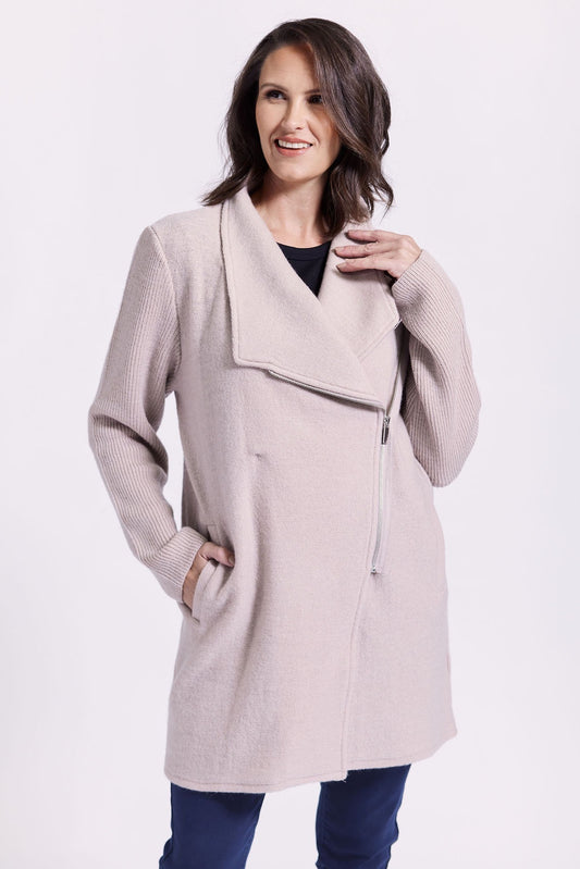 See Saw - 100% Boiled Wool Ribbed Sleeve Coat Stone | SW964