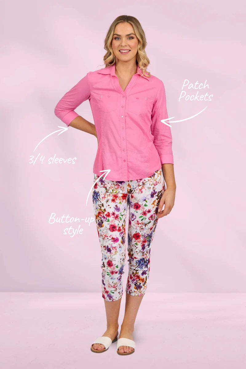 Vassalli - Button Up Shirt With Rib Panels - Flamingo 4032