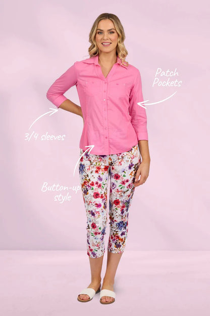 Vassalli - Button Up Shirt With Rib Panels - Flamingo 4032