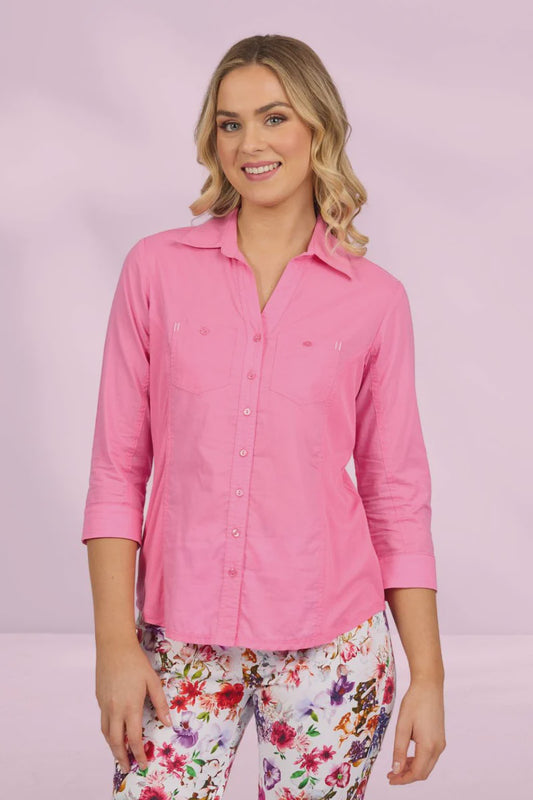 Vassalli - Button Up Shirt With Rib Panels - Flamingo 4032