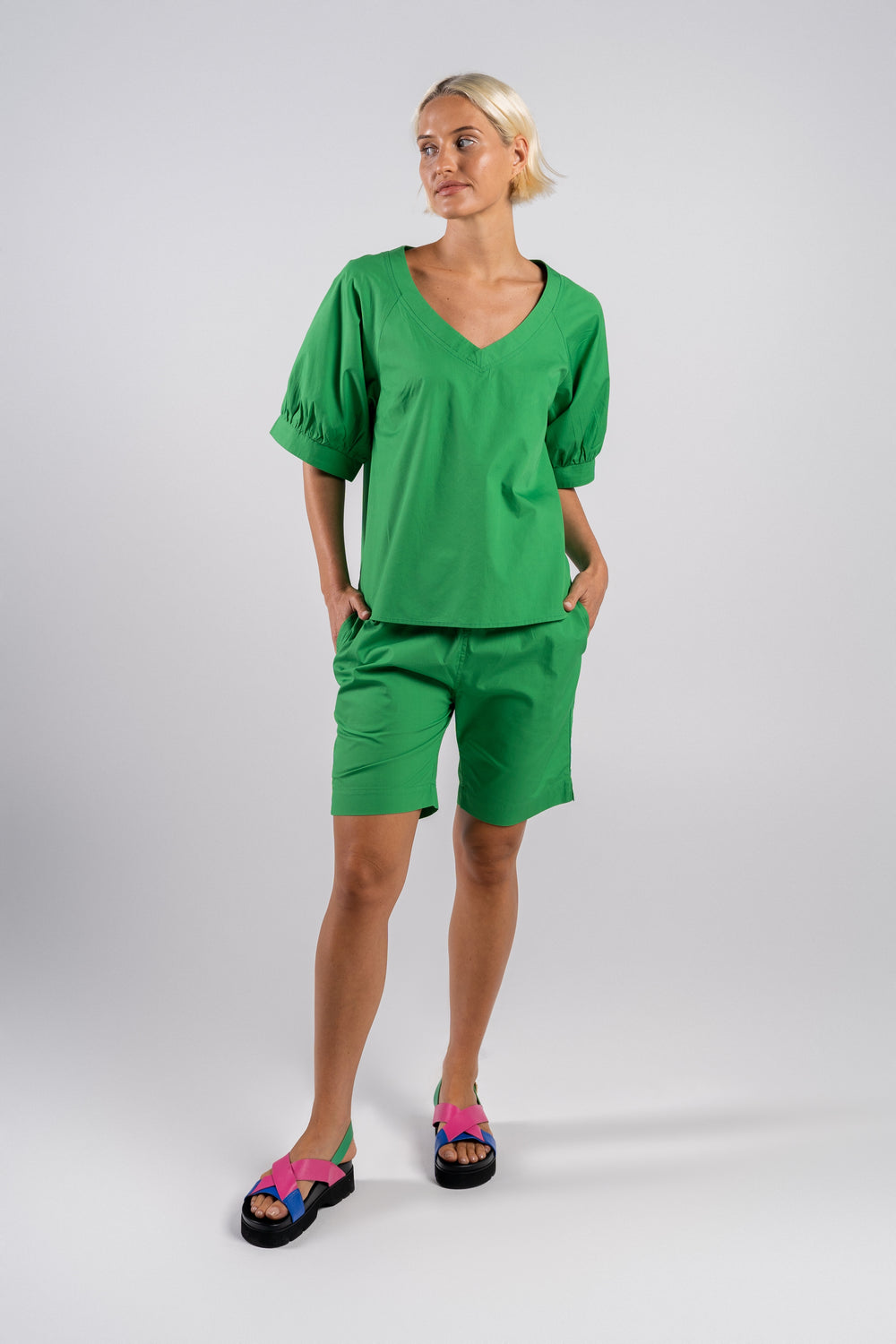 Wear Colour - 100% Cotton Half Slv Deep V Top in Green | WC102G