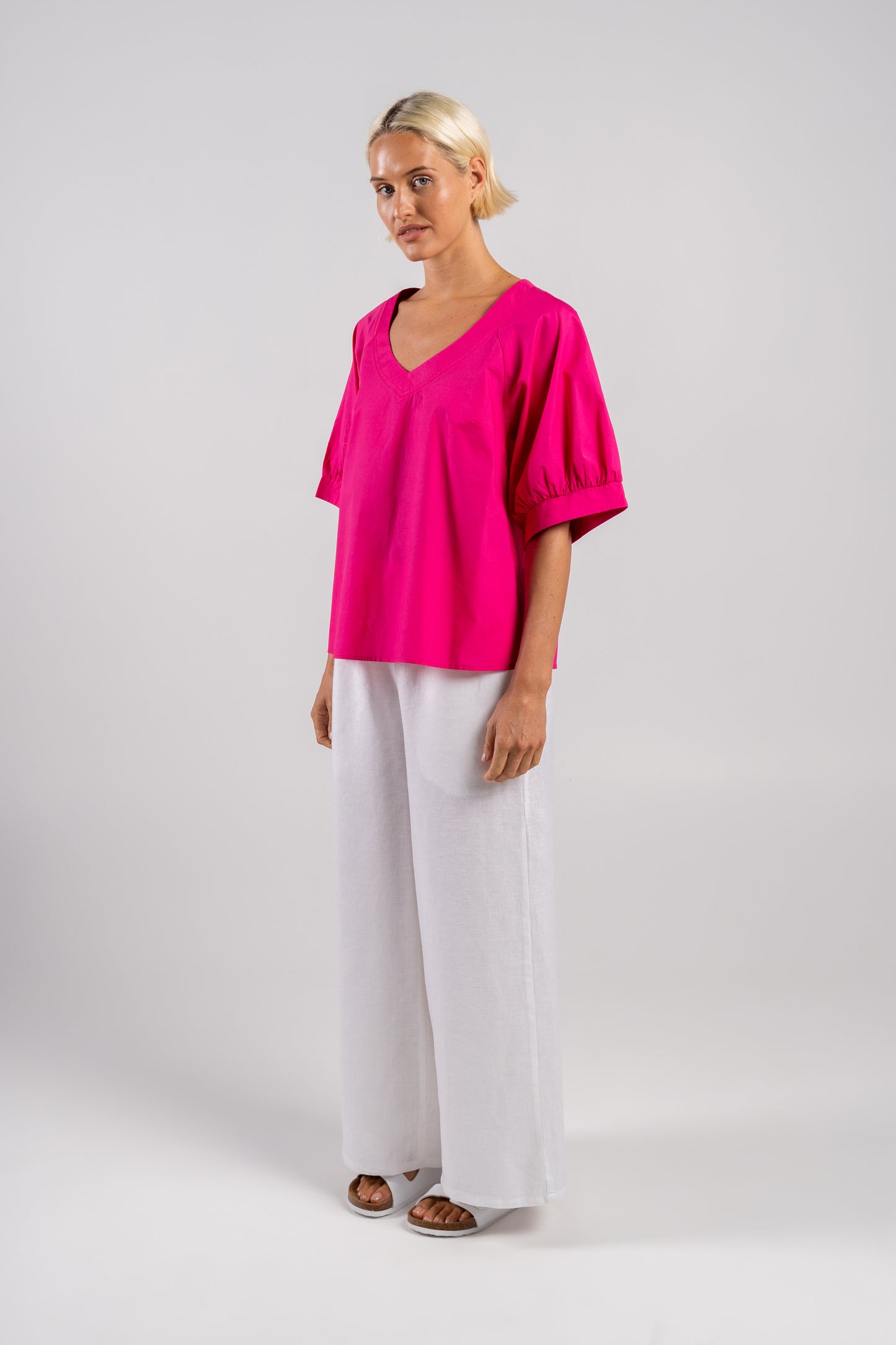 Wear Colour - 100% Cotton Half Sl Deep V Top in Pink | WC102P