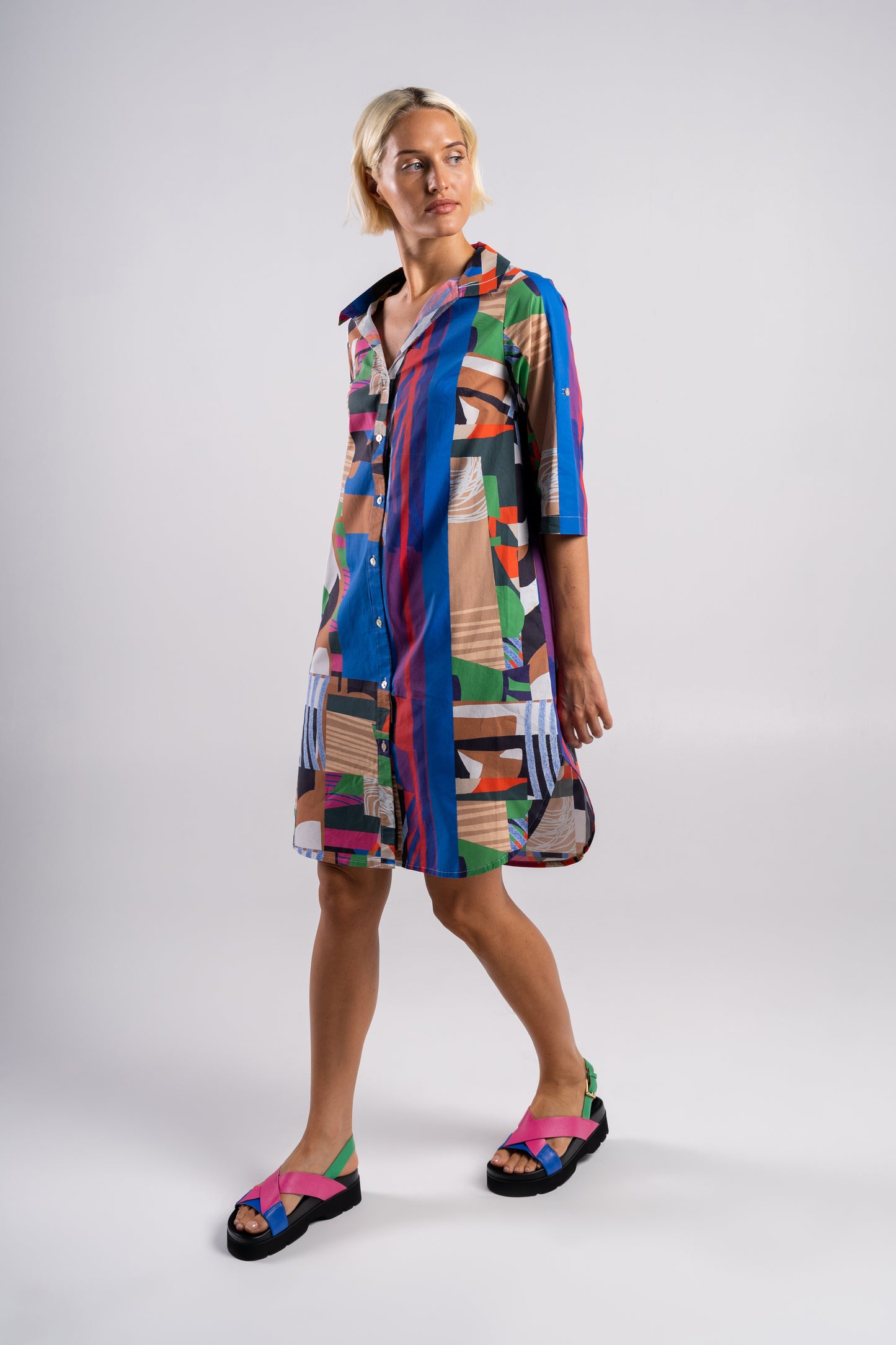 Wear Colour - 100% Cotton Collared Shirt Dress in Mixed Media Print | WC116