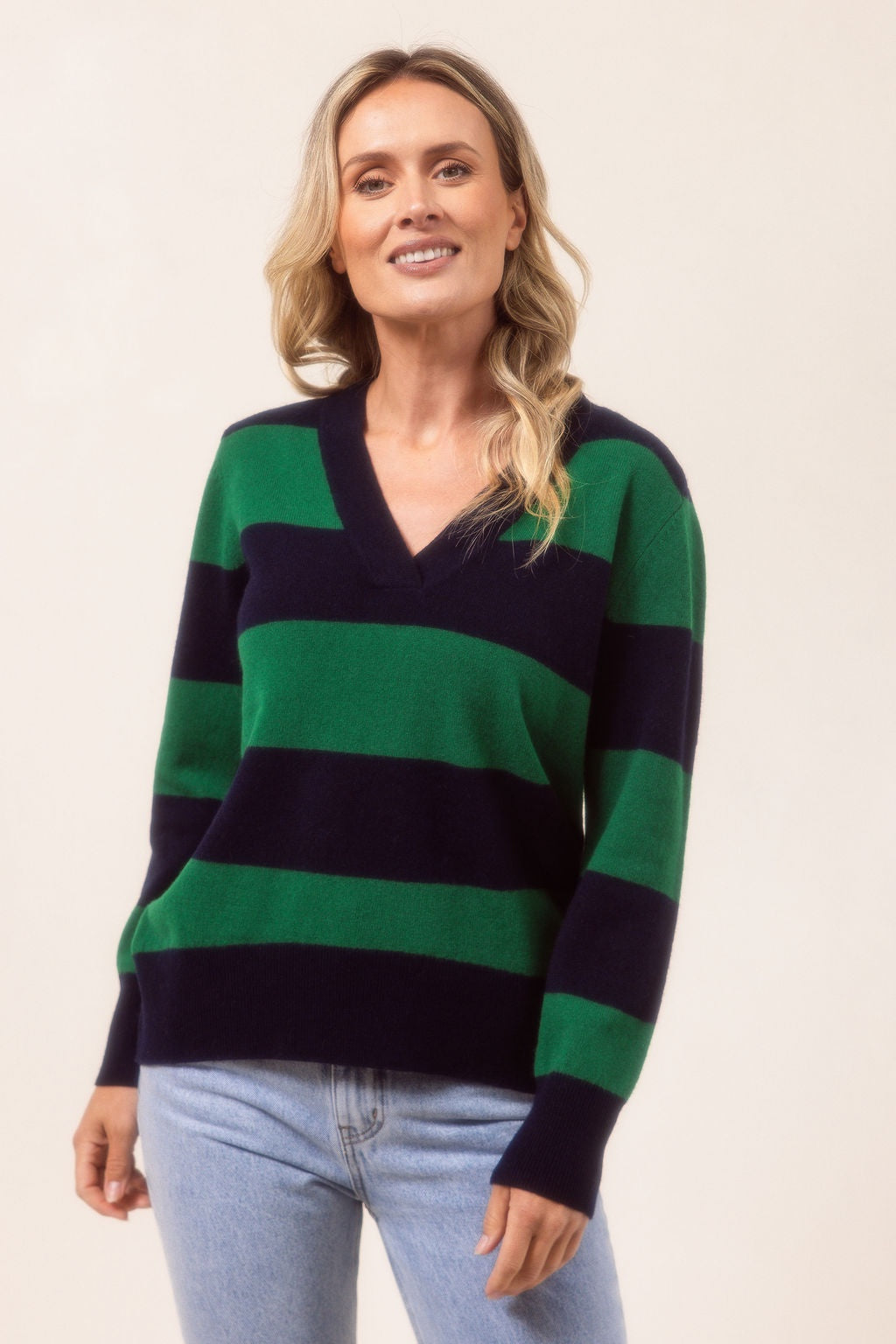 See Saw - 100% Merino Wool V Neck Stripe Sweater / SS647N
