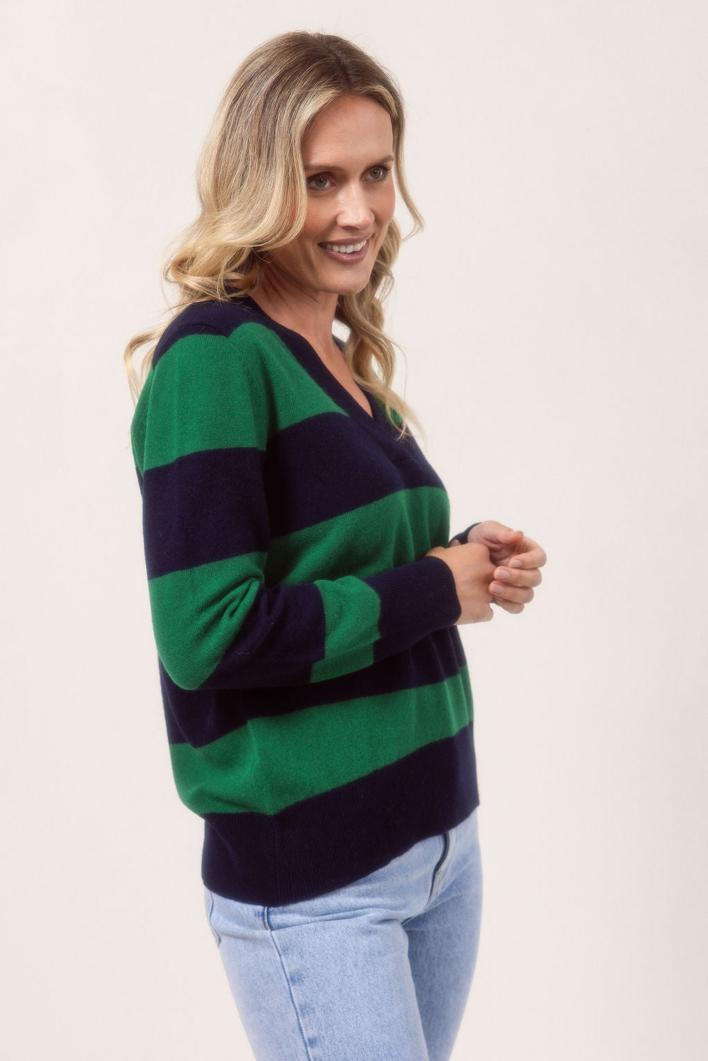 See Saw - 100% Merino Wool V Neck Stripe Sweater / SS647N