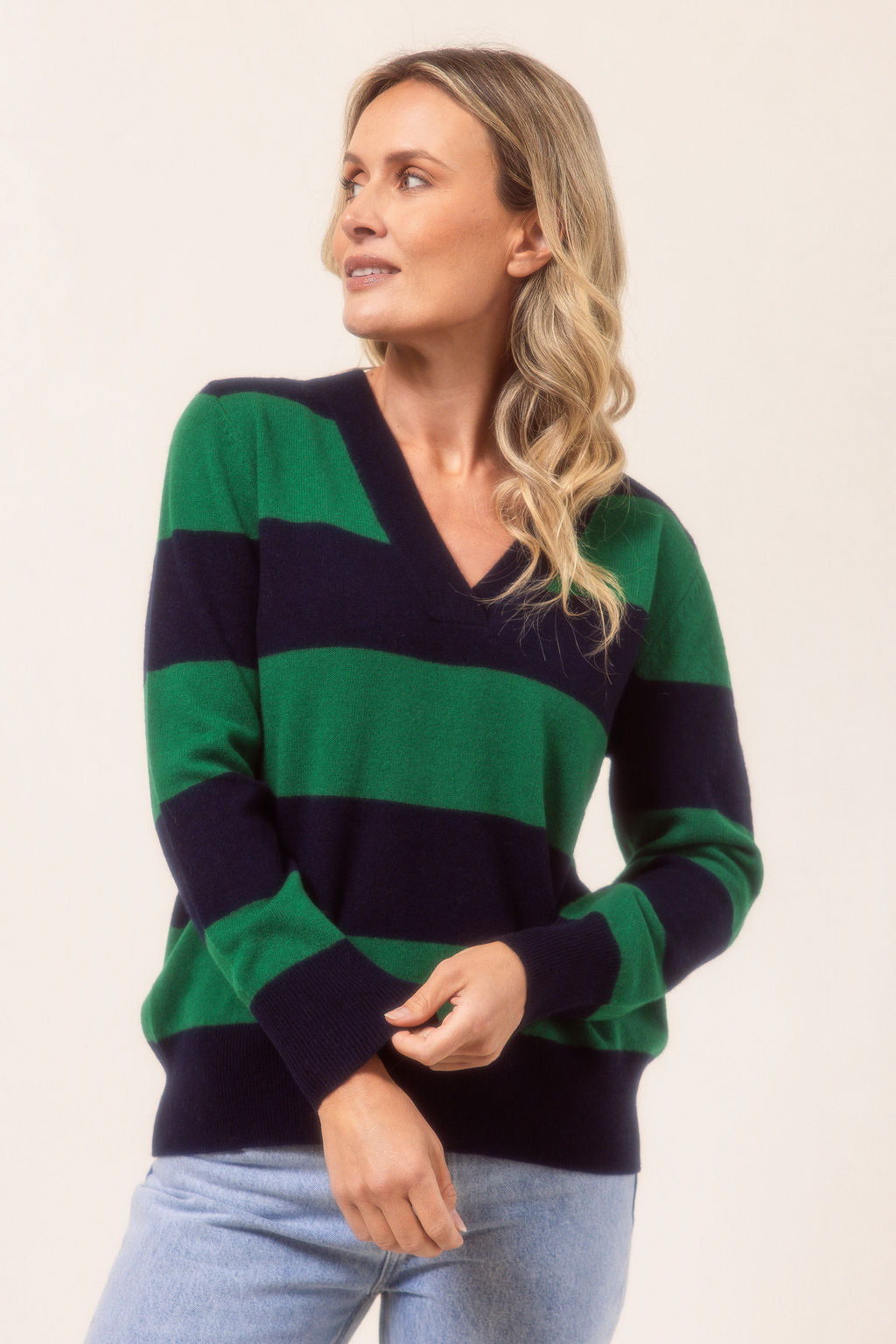 See Saw - 100% Merino Wool V Neck Stripe Sweater / SS647N