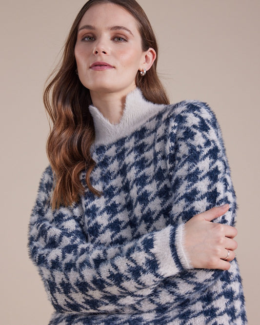 Marco Polo - L/S Houndstooth Sweater Sweater Petrol - YTMW43549