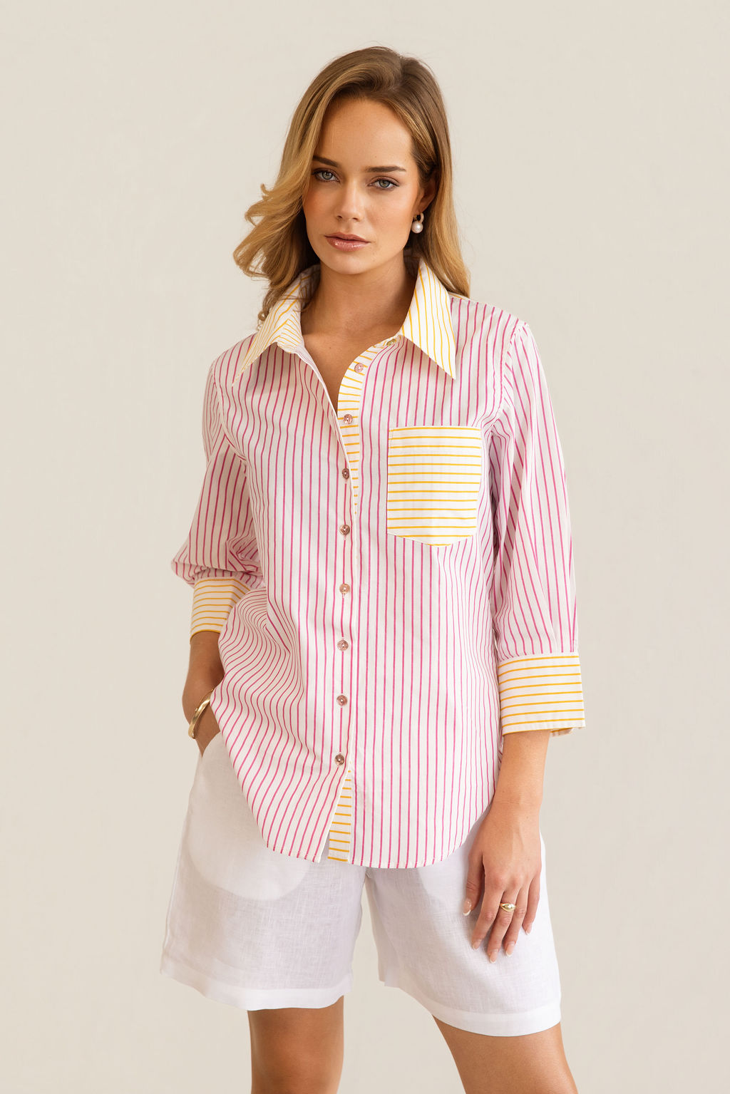Kaleido - 100% Cotton 3/4 Sleeve Spliced Shirt | K344