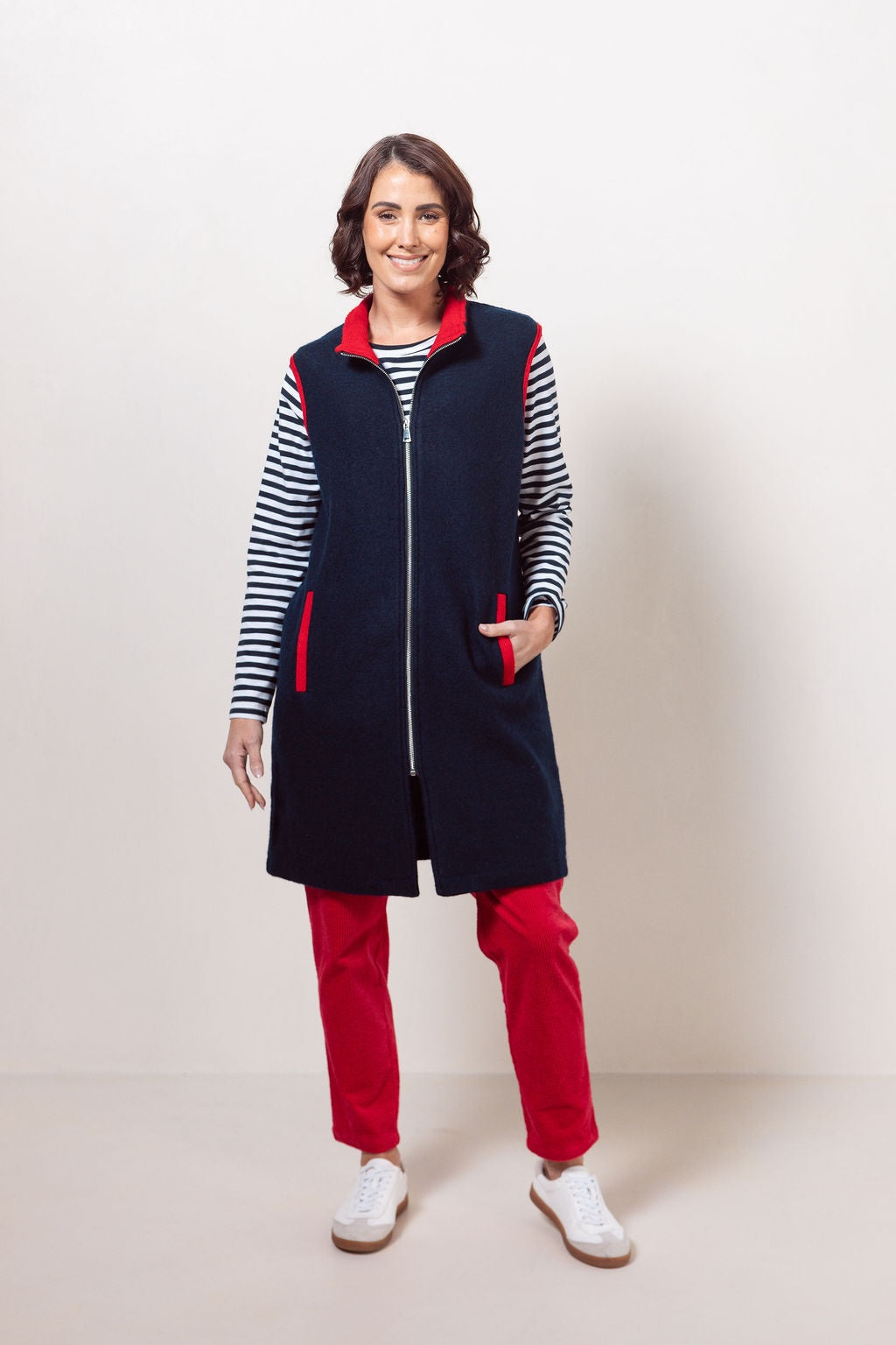 See Saw - 100% Boiled Wool Colour Trim Zip Vest / SS606NR