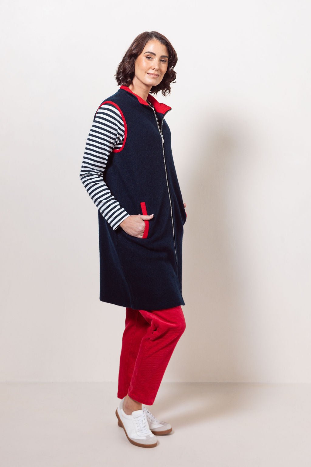 See Saw - 100% Boiled Wool Colour Trim Zip Vest / SS606NR