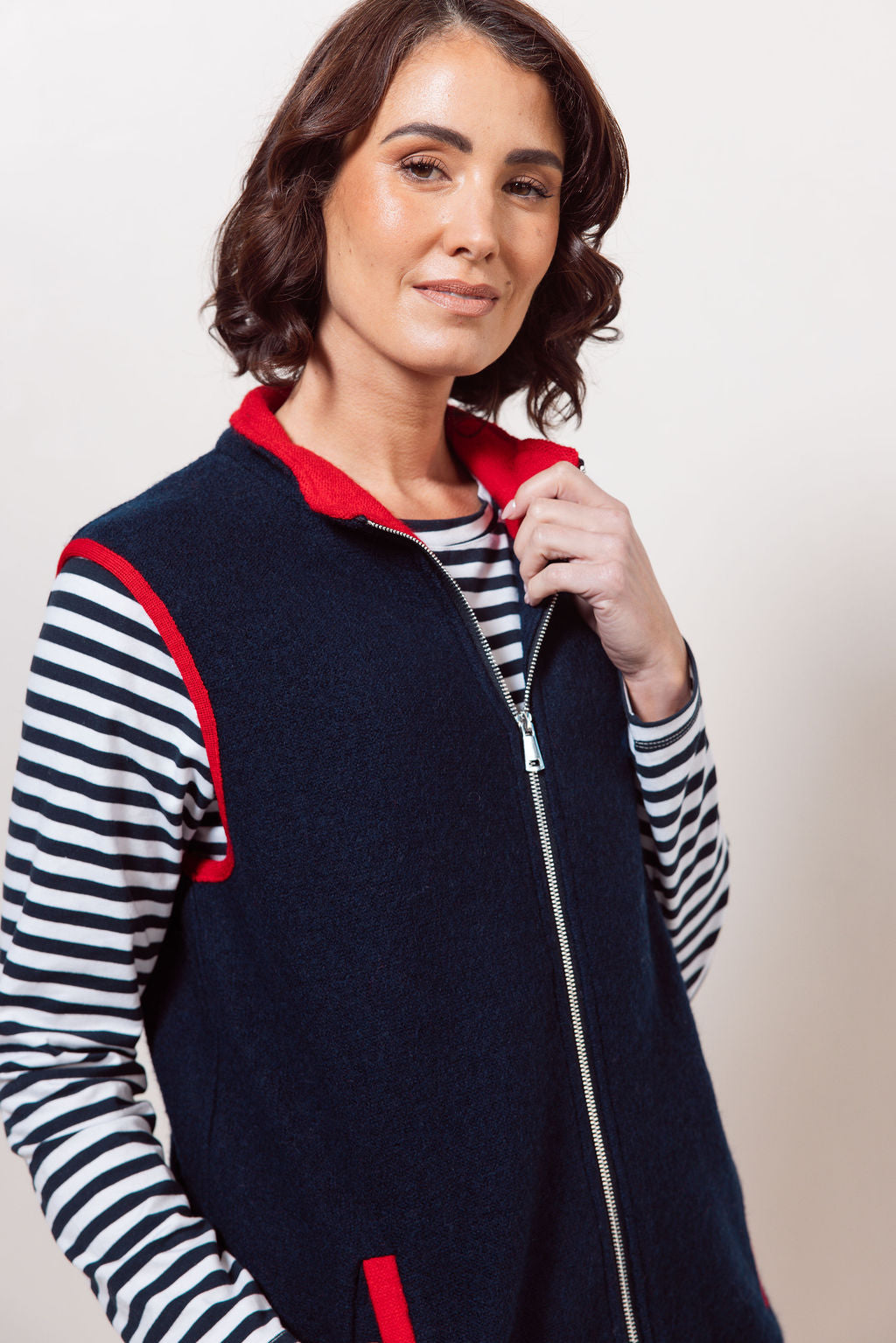 See Saw - 100% Boiled Wool Colour Trim Zip Vest / SS606NR