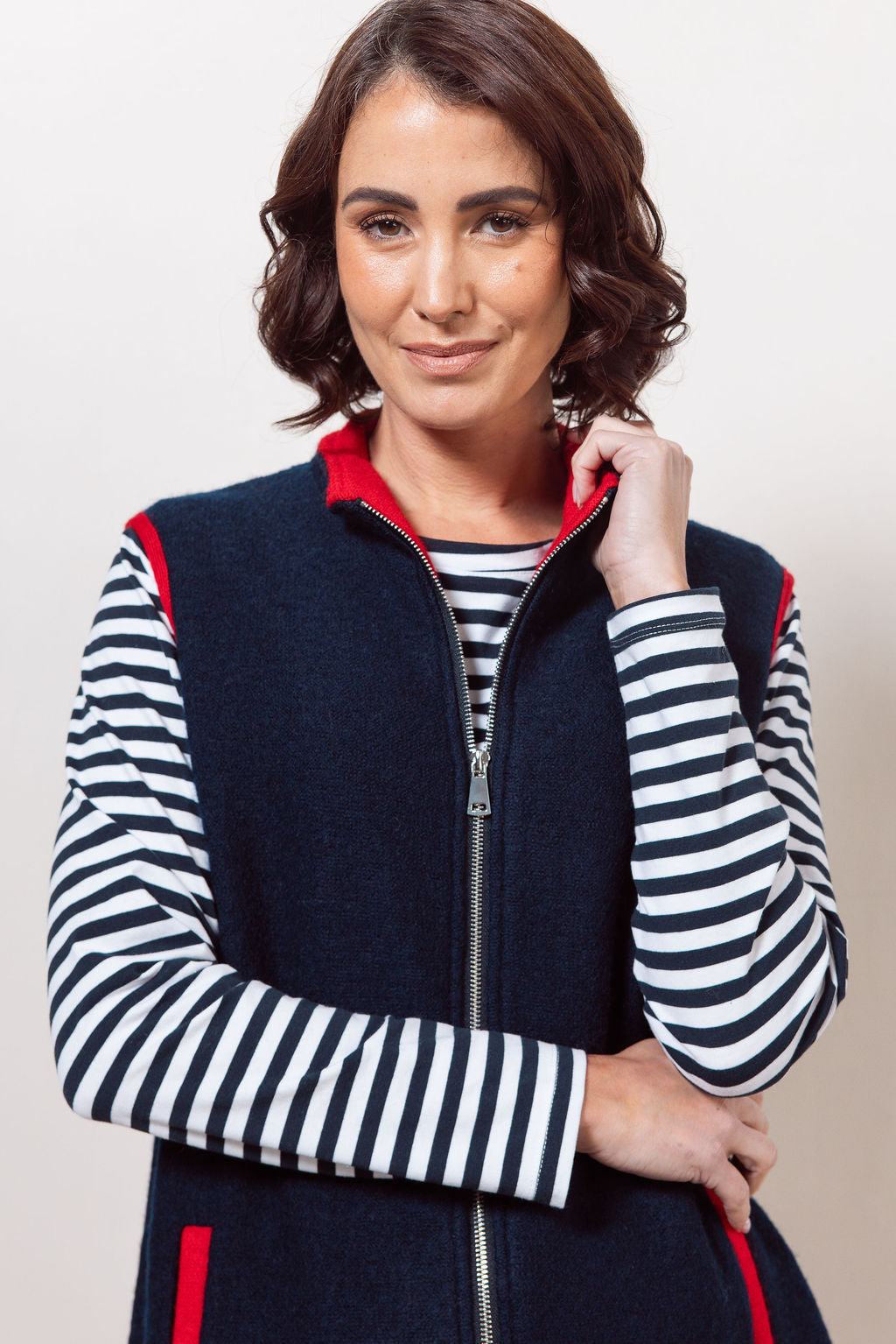 See Saw - 100% Boiled Wool Colour Trim Zip Vest / SS606NR