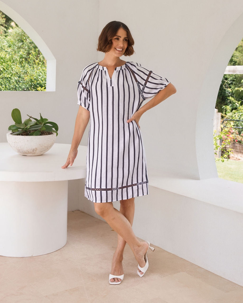 See Saw - Linen Striped Lace Trim Dress | SA222