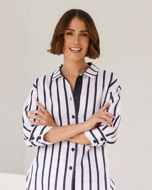 See Saw - Linen Striped 3/4 Sleeve Shirt | SA220