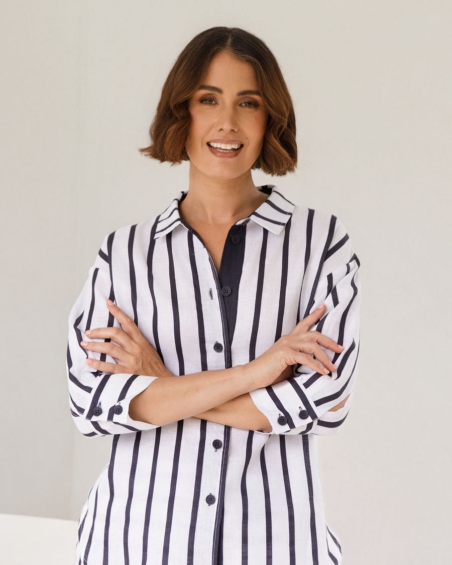 See Saw - Linen Striped 3/4 Sleeve Shirt | SA220