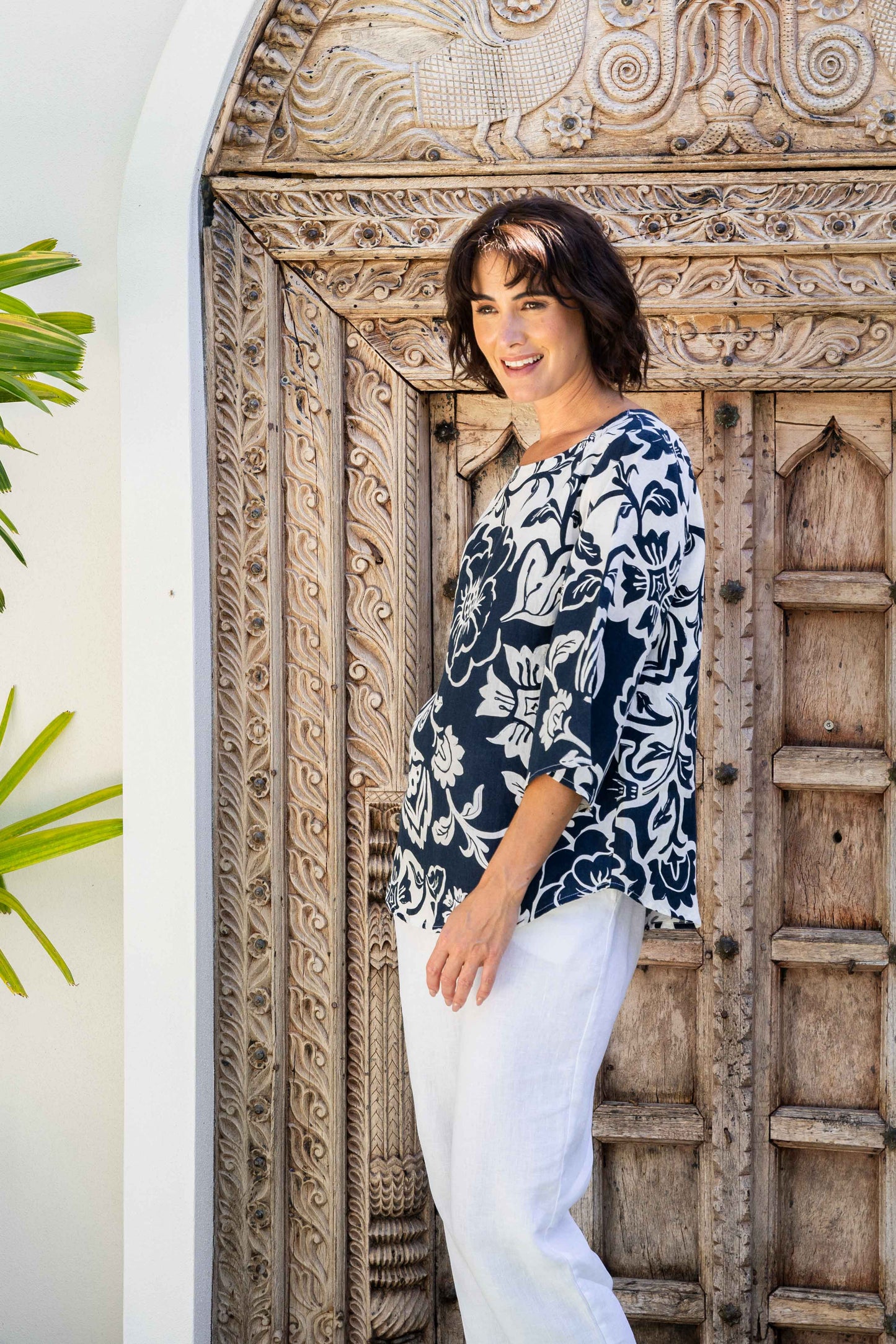 See Saw - 100% Linen ¾ Sleeve Boat Neck Top SS414N