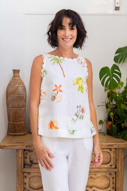 See Saw - 100% Linen Scallop Tank SS431