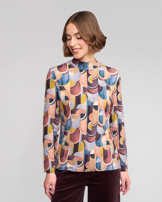 Vassalli - Long Sleeve High Neck Printed Knit Top / 4344