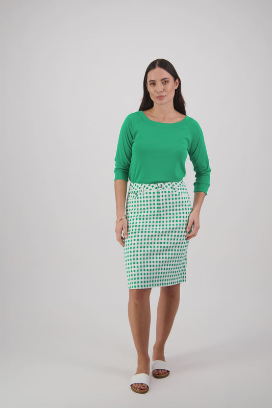 Vassalli - Printed Lightweight Skirt with Centre Back Vent Green Picnic | V372AV