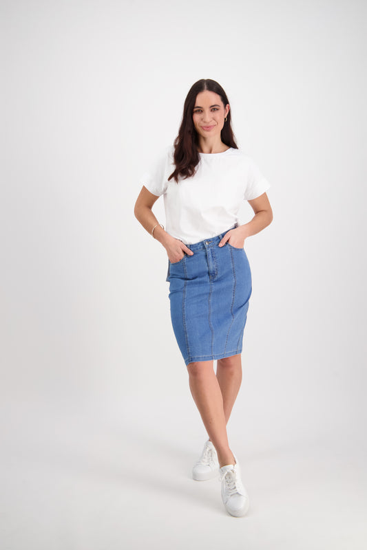 Vassalli - Contrast Stitch Denim Skirt - Light Denim | V372CS