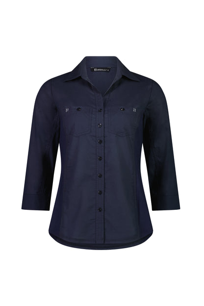 Vassalli Plain Button Up Shirt with Rib Panels Ink | V4032